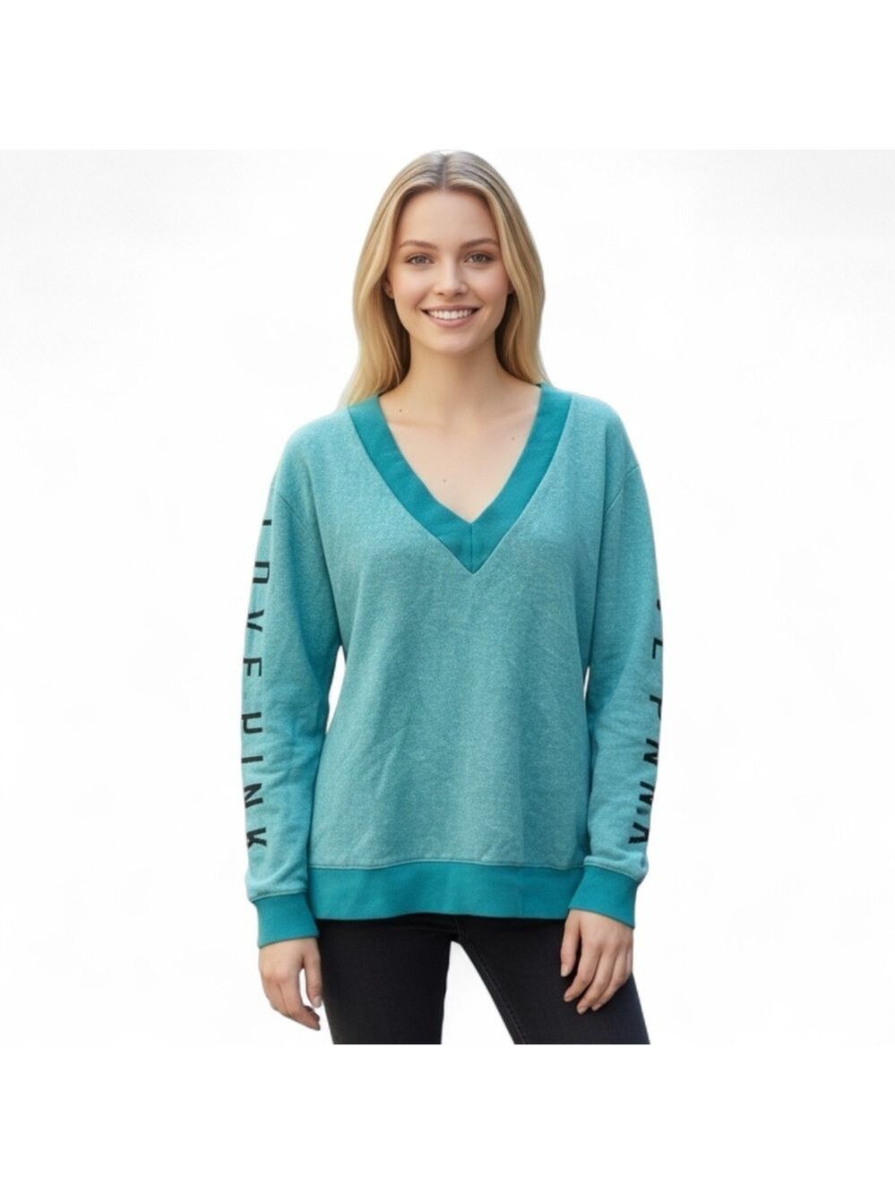 Victoria’s Secret PINK Women’s V-Neck Pullover Sweatshirt Medium Blue Turquoise